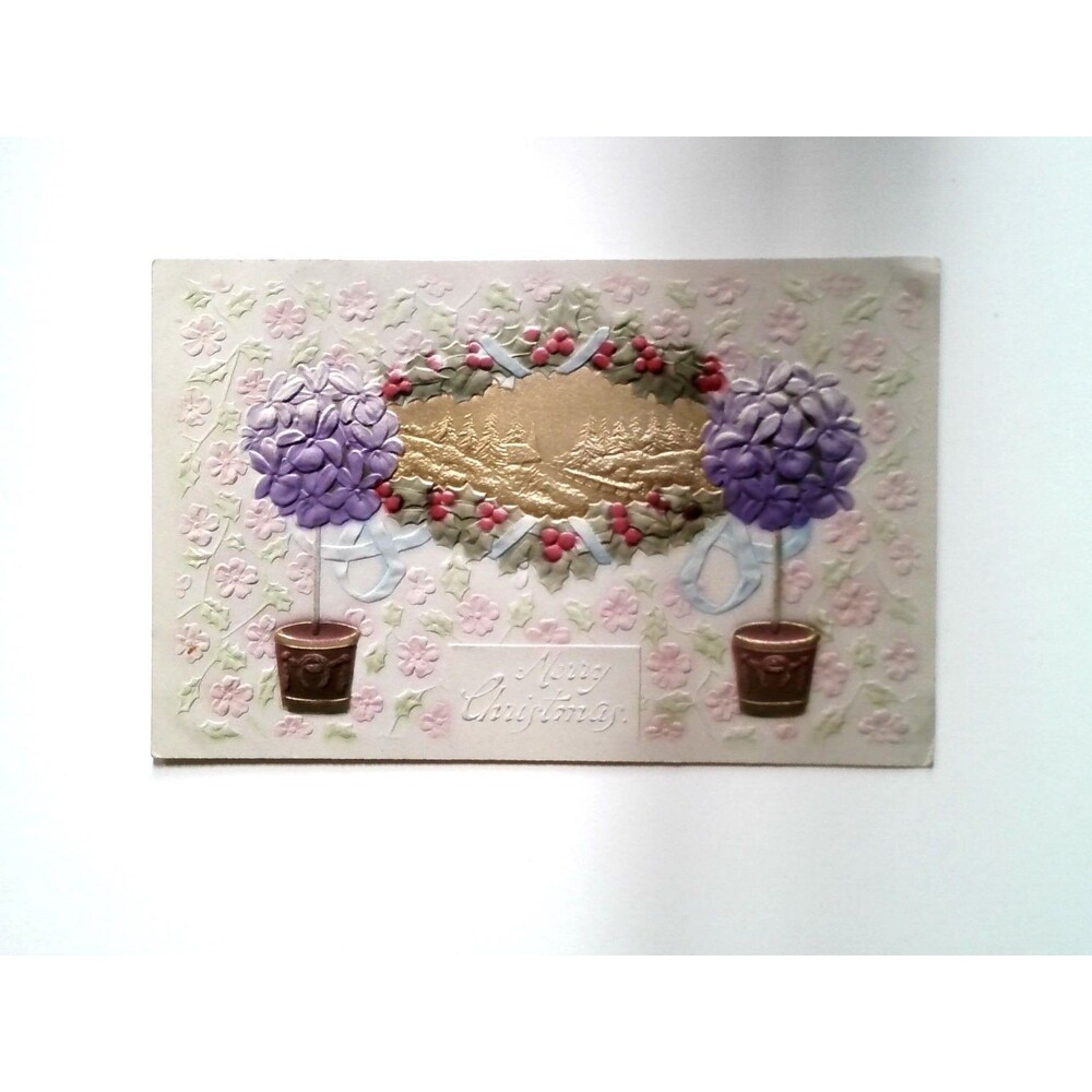 Vintage Embossed Merry Christmas Postcard Gold Winter Scene Potted Flowers